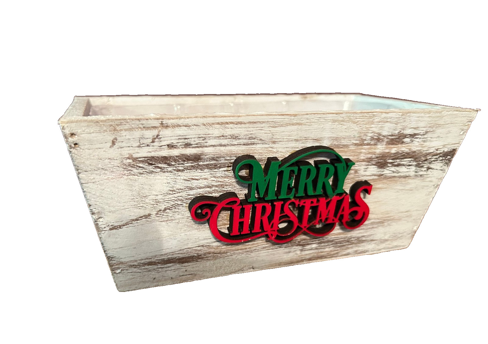 Merry Christmas White Wood Planter Box W/Plastic Liner 8″ x 4″ x 4″ no Plant