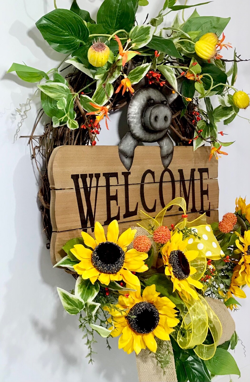 BRIGHT SUNFLOWER GRAPEVINE SUMMER WREATH METAL PIG WOOD WELCOME SIGN DECOR NEW