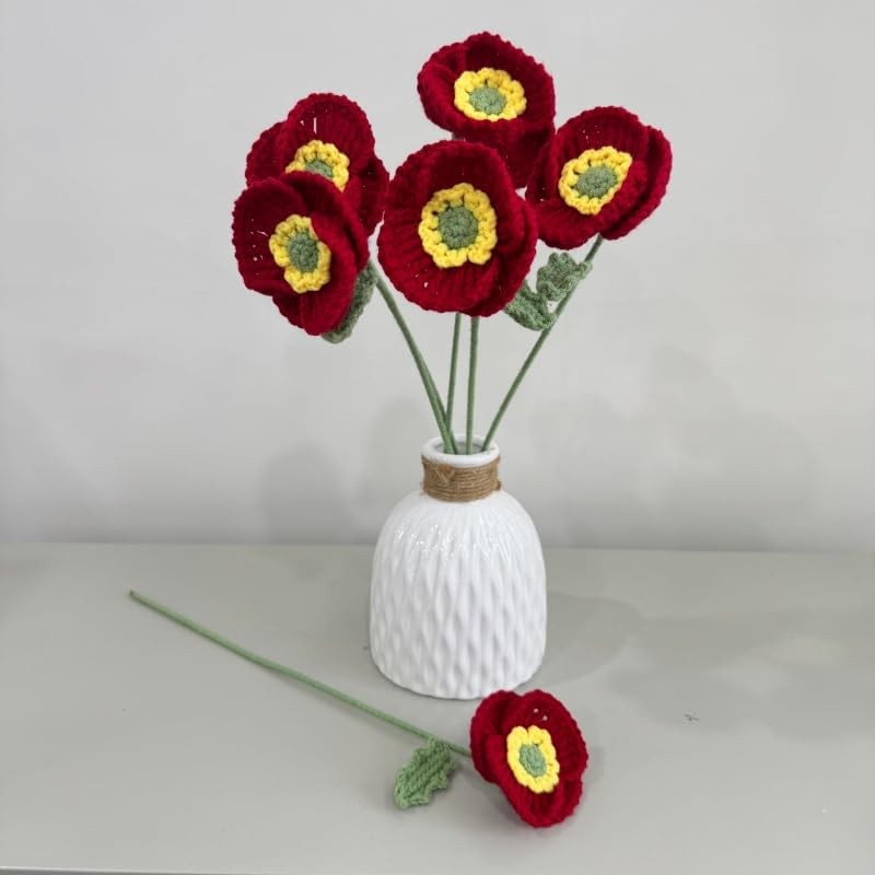 Poppies Flowers Artificial 6 Pieces,14.5in Fake Poppy Crochet Flower,Knitted …