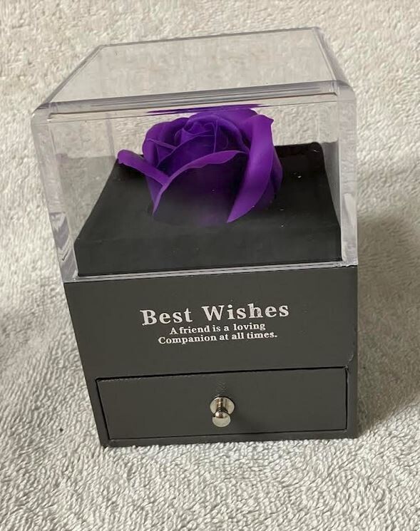 Preserved Purple Rose in Box with Heart Necklace- Gift of Eternal Love-New