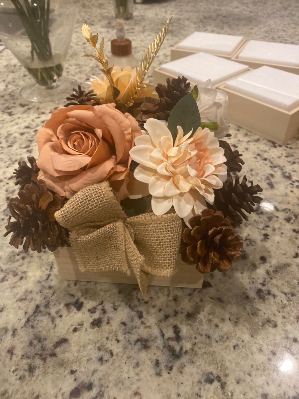 Fall Centerpieces for Table, Decor With Flowers, Greenery, Acorns, Wood Base