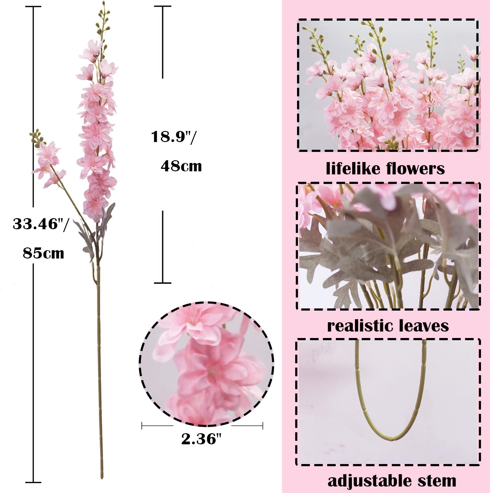 Faux Pink Flowers Artificial Delphinium 8PCS Long Stem Artificial Flowers for…