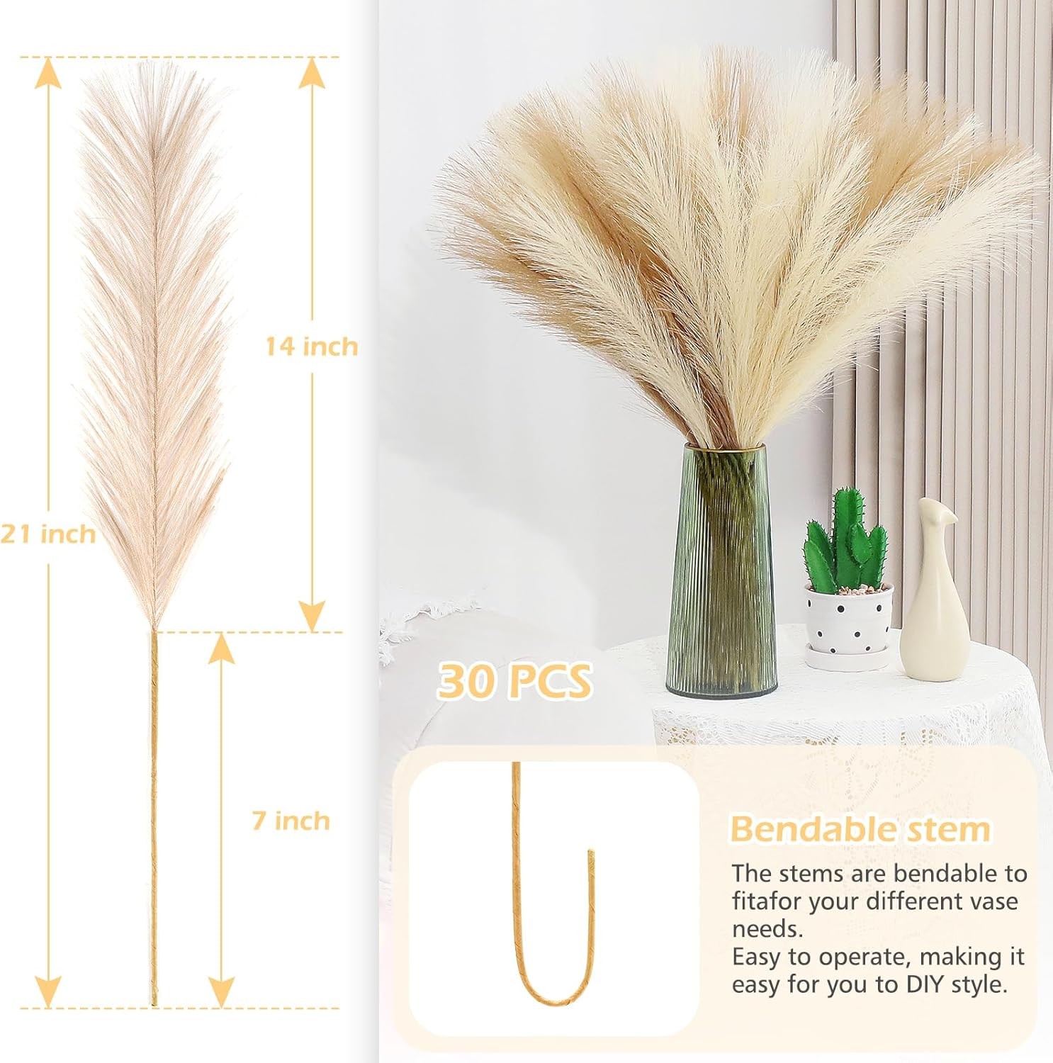 Pampas Grass Decor 30 Pcs 21.7 Inch Faux Brown Pampas Grass Bulk Artificial Drie