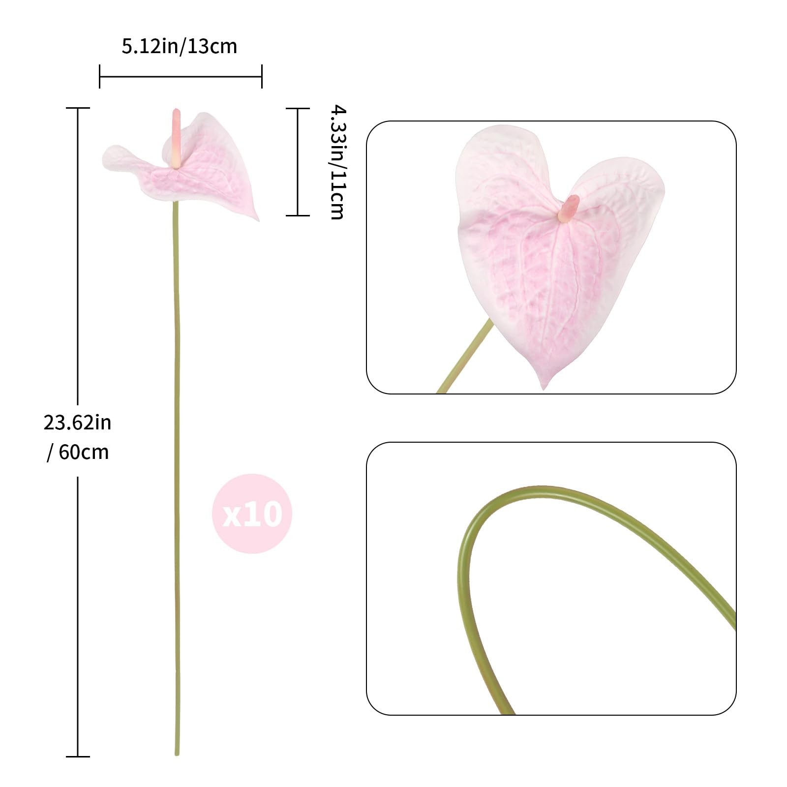 Pink Artificial Anthurium Fake Tropical Faux Real Touch Flowers Fits 23.6 Inch