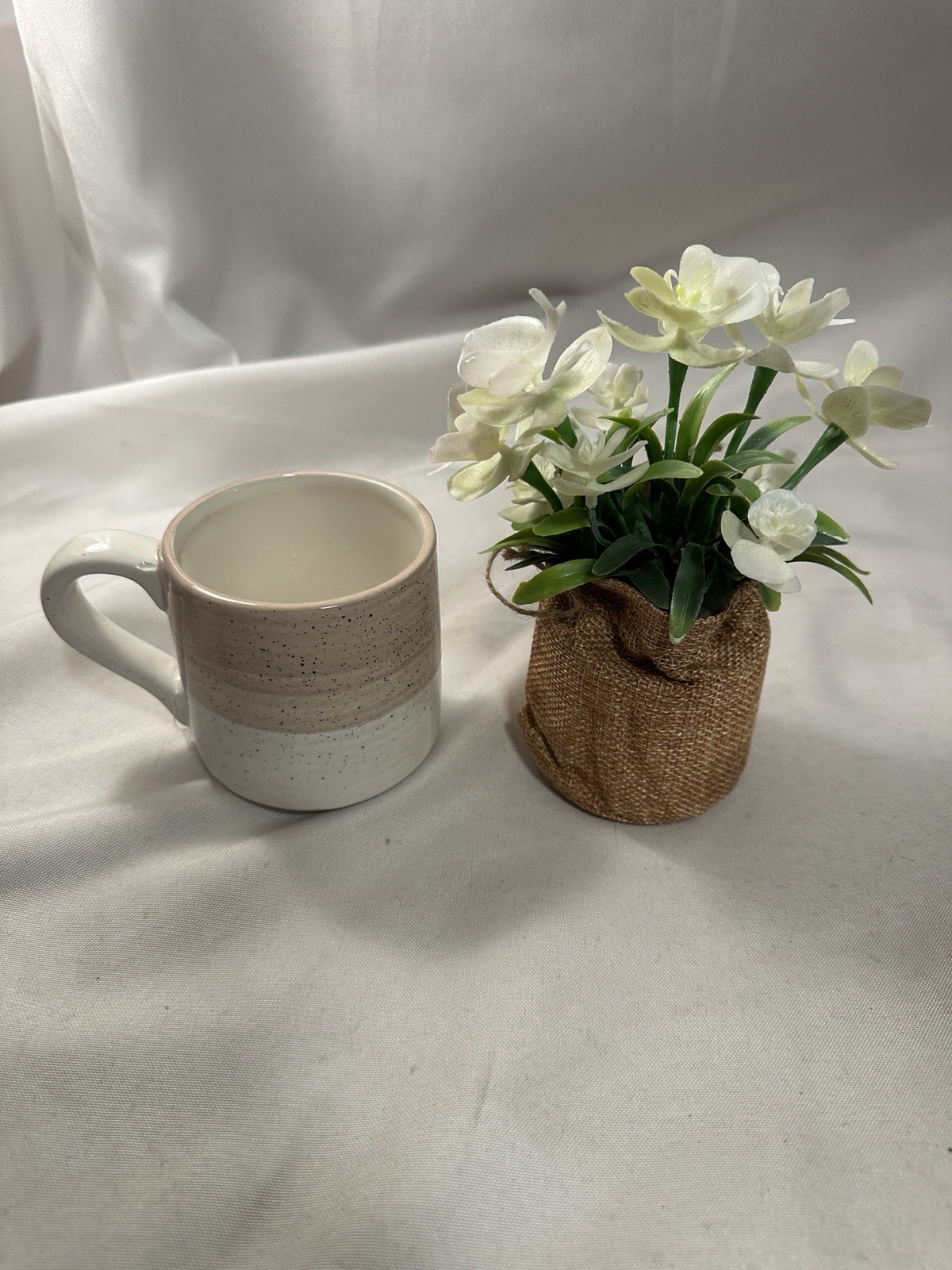 White Flowers Tan/White Pottery Mug Believe Good Things Will Happen