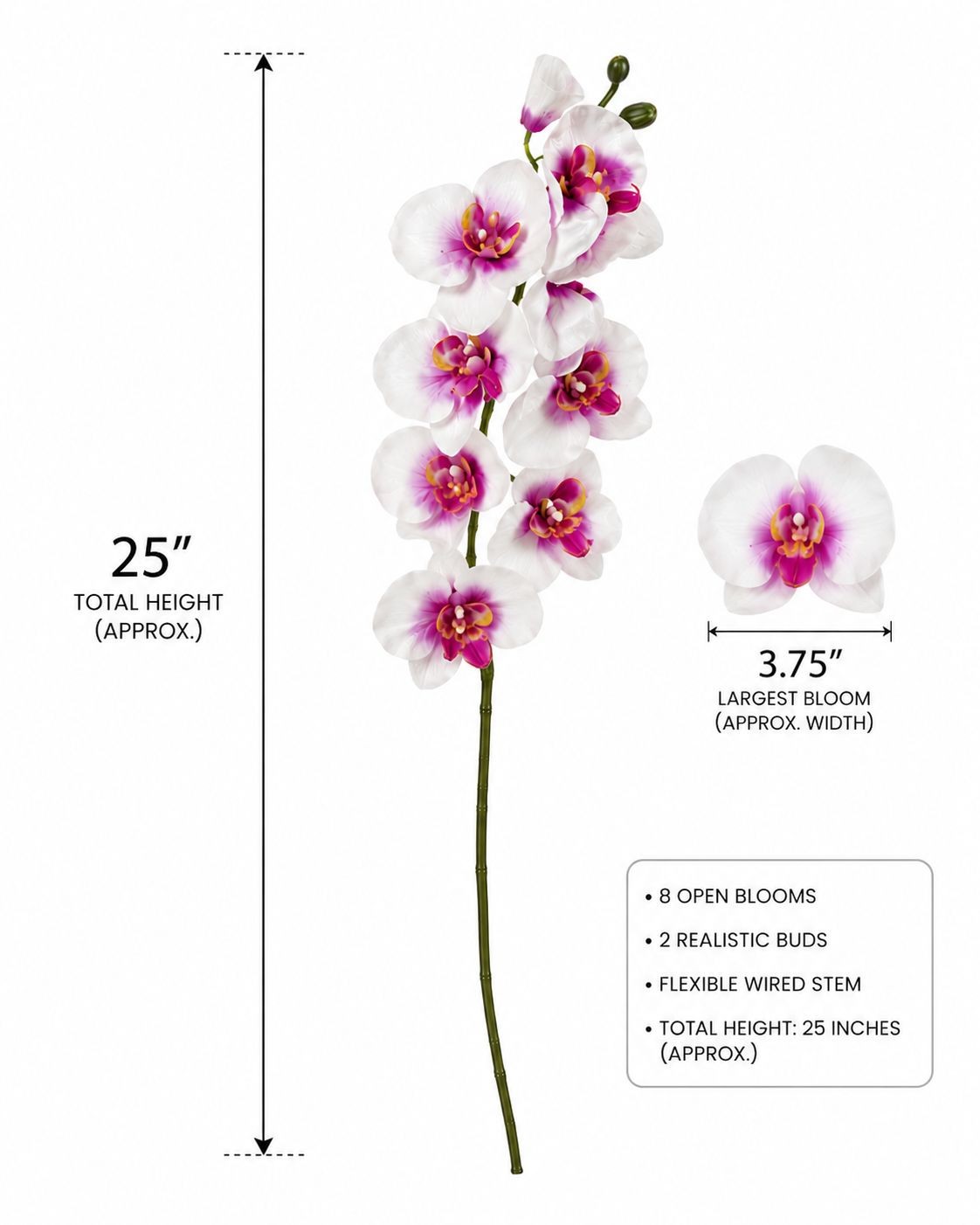 Artificial Silk White Orchid Stem 25 Inch Faux Phalaenopsis Flower Wedding Decor
