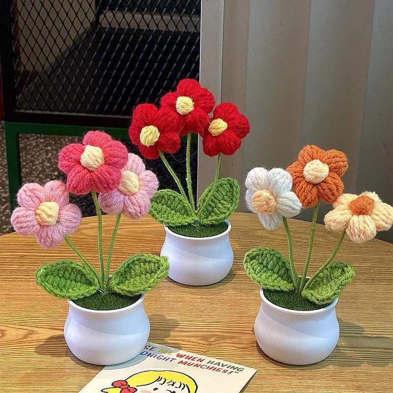 Hand Knitted Sunflower Crochet Potted Flower Artificial Gift Home Decor