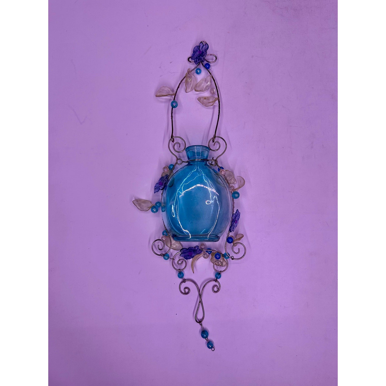 Vintage Blue Floral Glass Hanging Vase