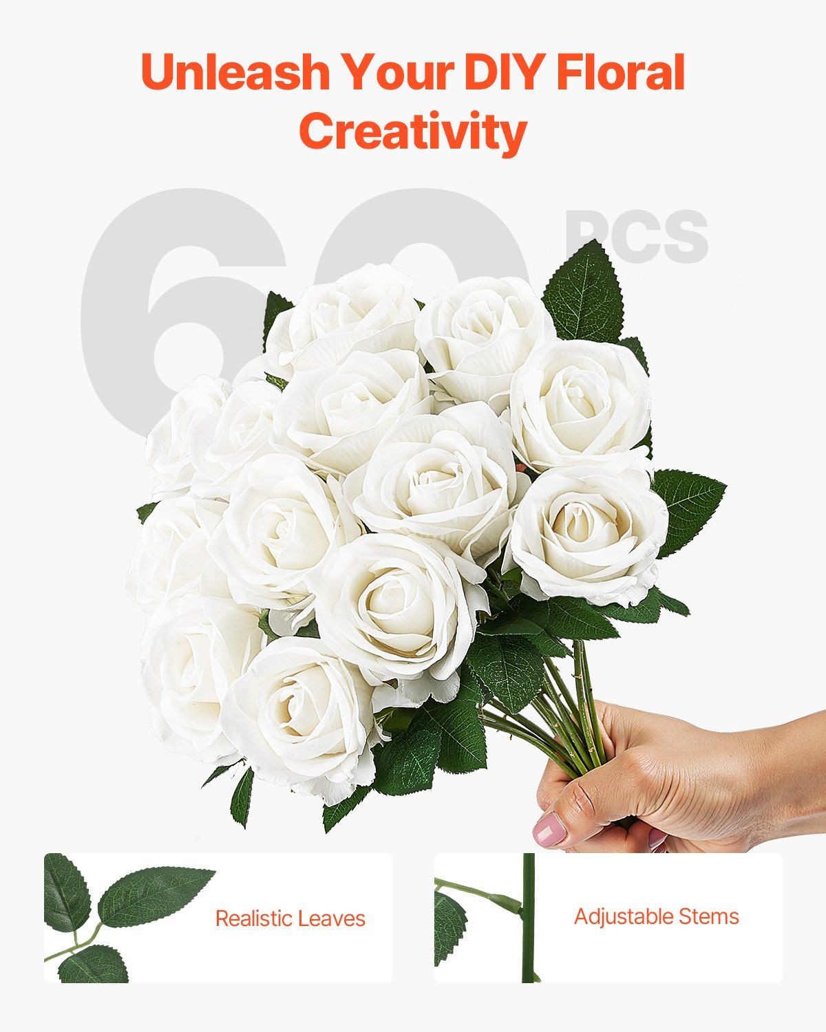 60 White Lifelike Roses 20in Tall 5-Layer Petals Faux Foam Anti-Yellowing