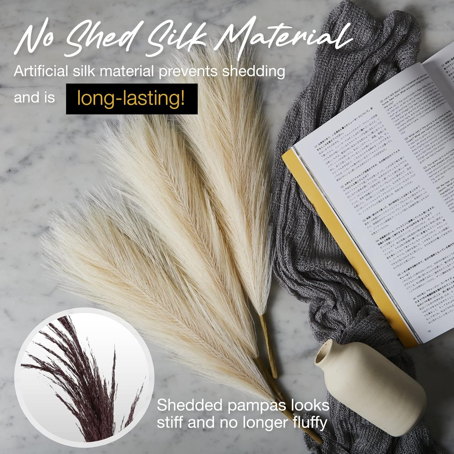 3pcs 17” Faux Pampas Grass Stalks – Elegant Artificial Decor, Beige/Off White