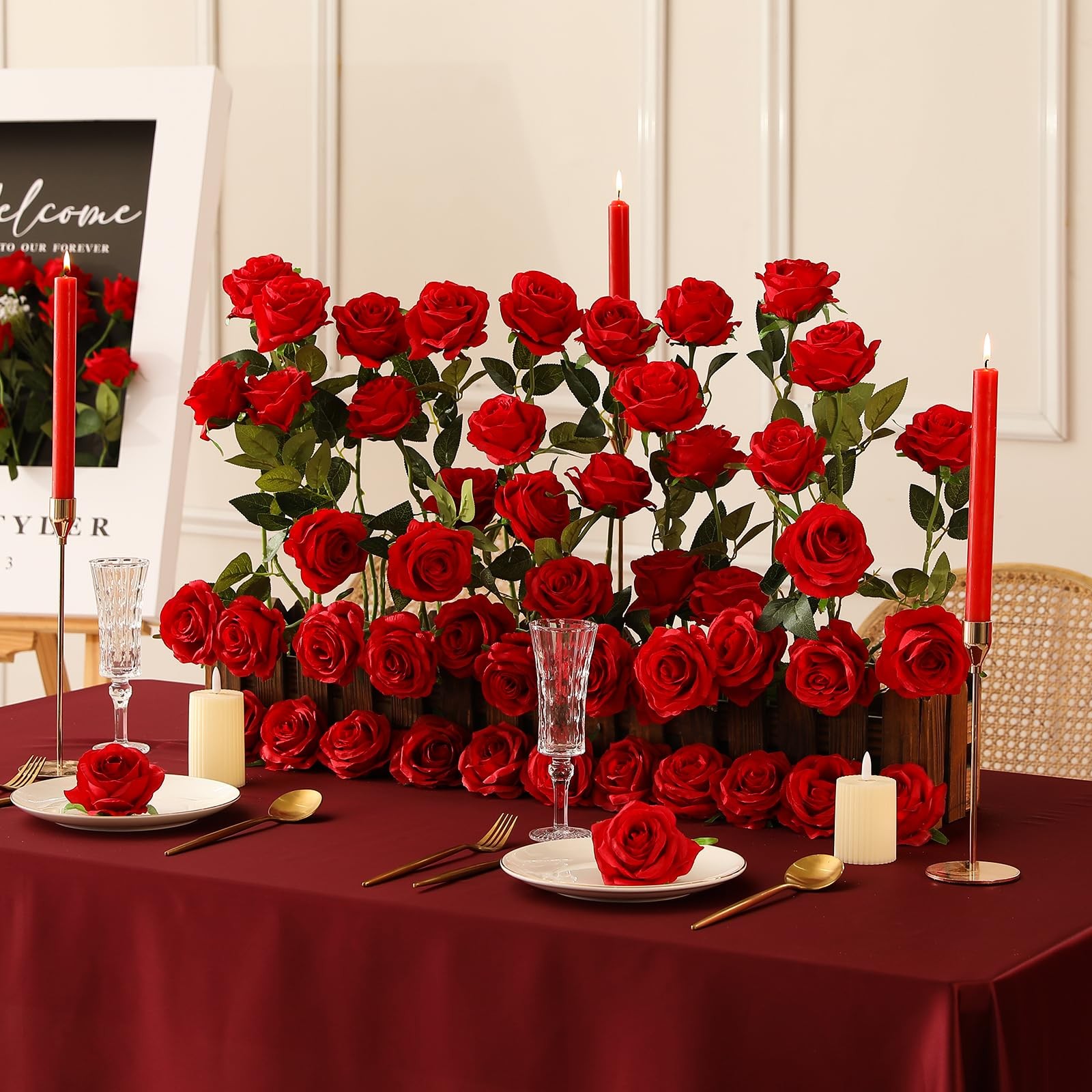 Tifuly 50pcs Red Roses in Bulk, Realistic Long Stem Fake Silk Roses B