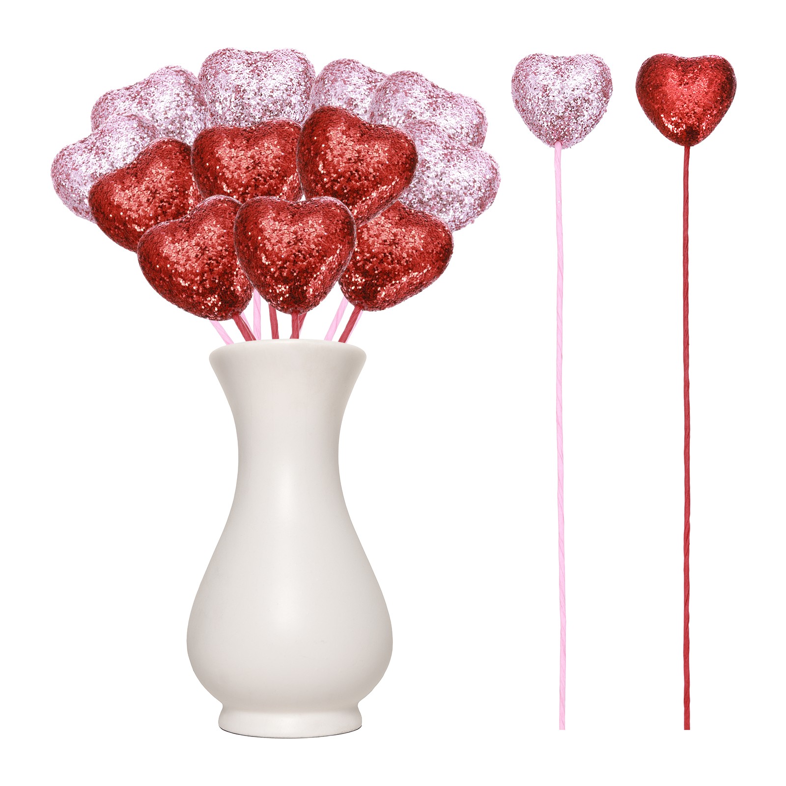 12 Pcs Glitter Heart Shaped Picks Puffy Foam Hearts Stick (Red/Pink, 3cm x 21cm)