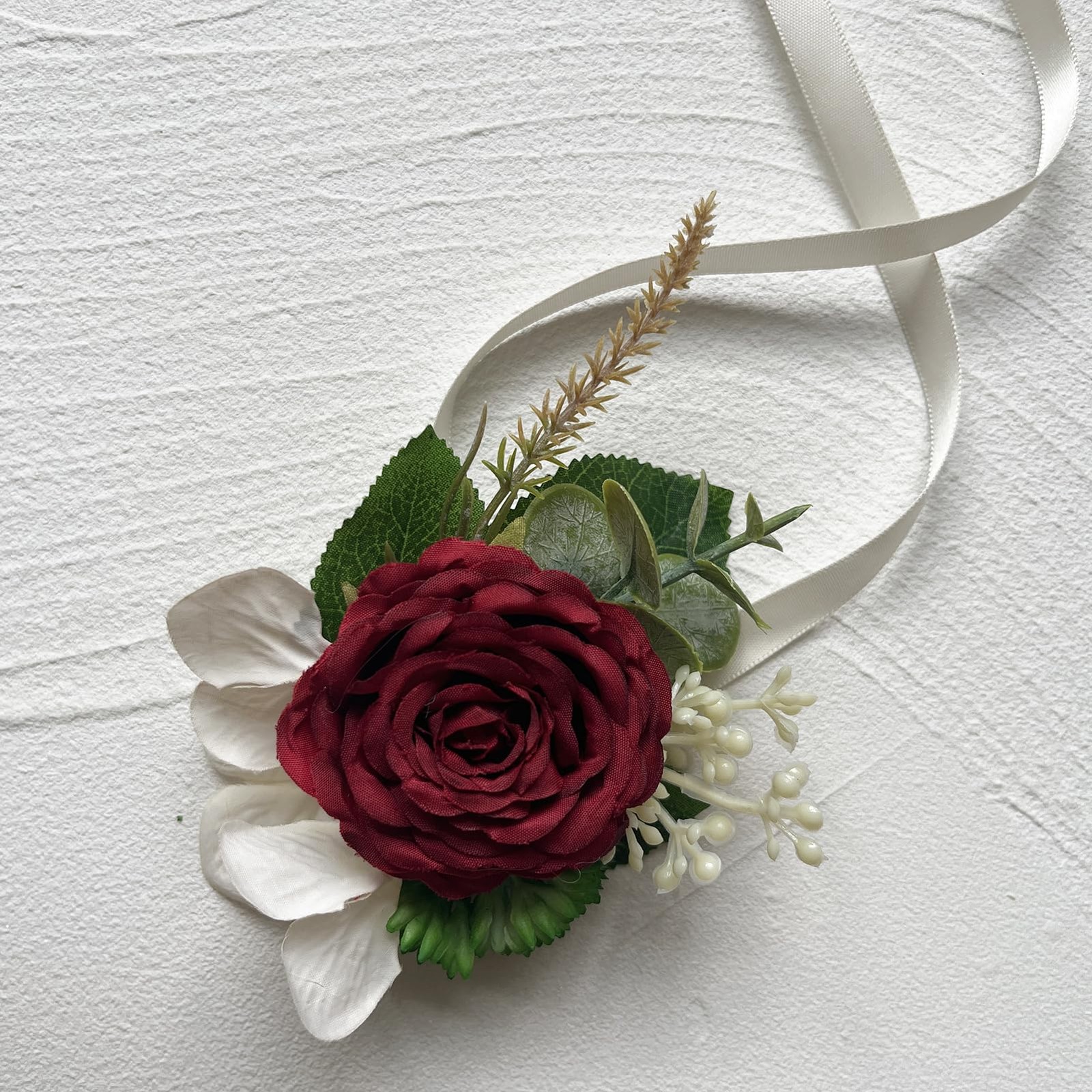 2 PCS Burgundy Artificial Wrist Corsage Boutonniere Set Groom Bride Prom