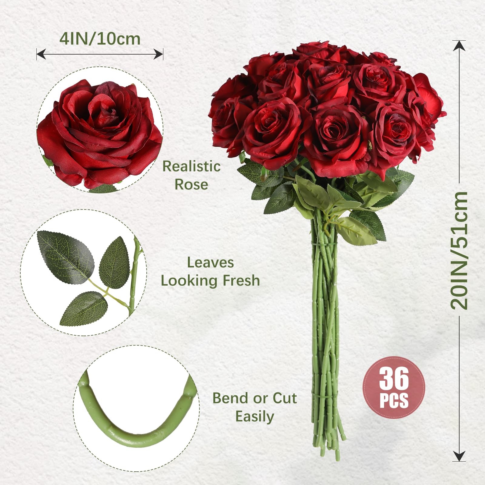 36Pcs Artificial Roses Realistic Fake Flowers Bulk Long Stem Silk Faux Roses …