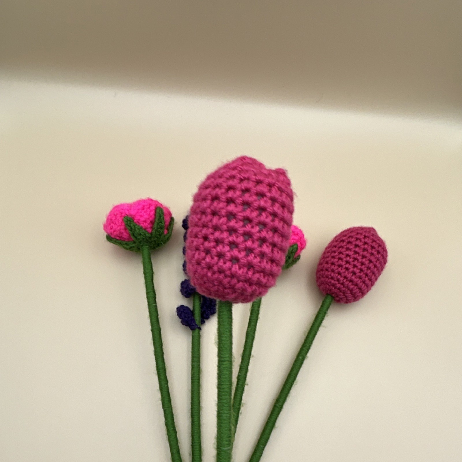 Handmade Yarn Crochet Flower Bouquet Pink Purple Green Rose Lavender Tulip