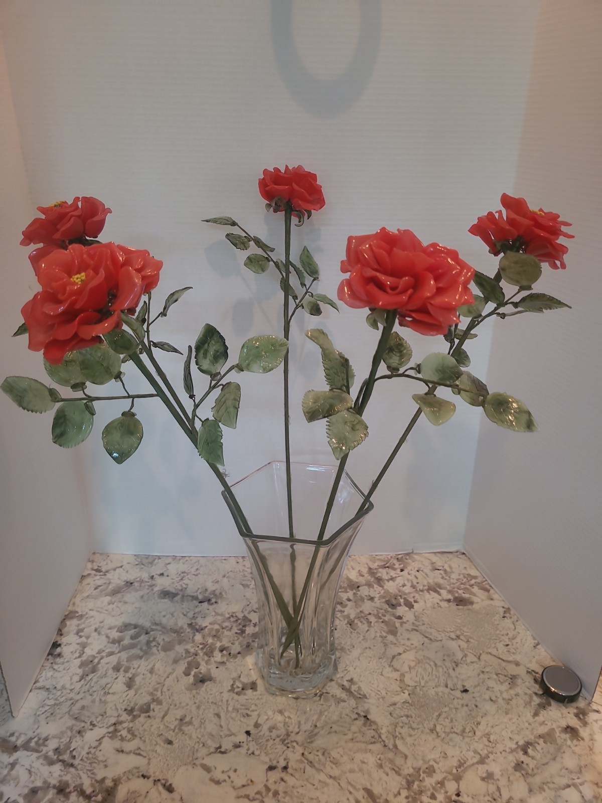 5 Vintage Porcelain Flowers With Plastic Stems Red Orange 25″ Long Stem