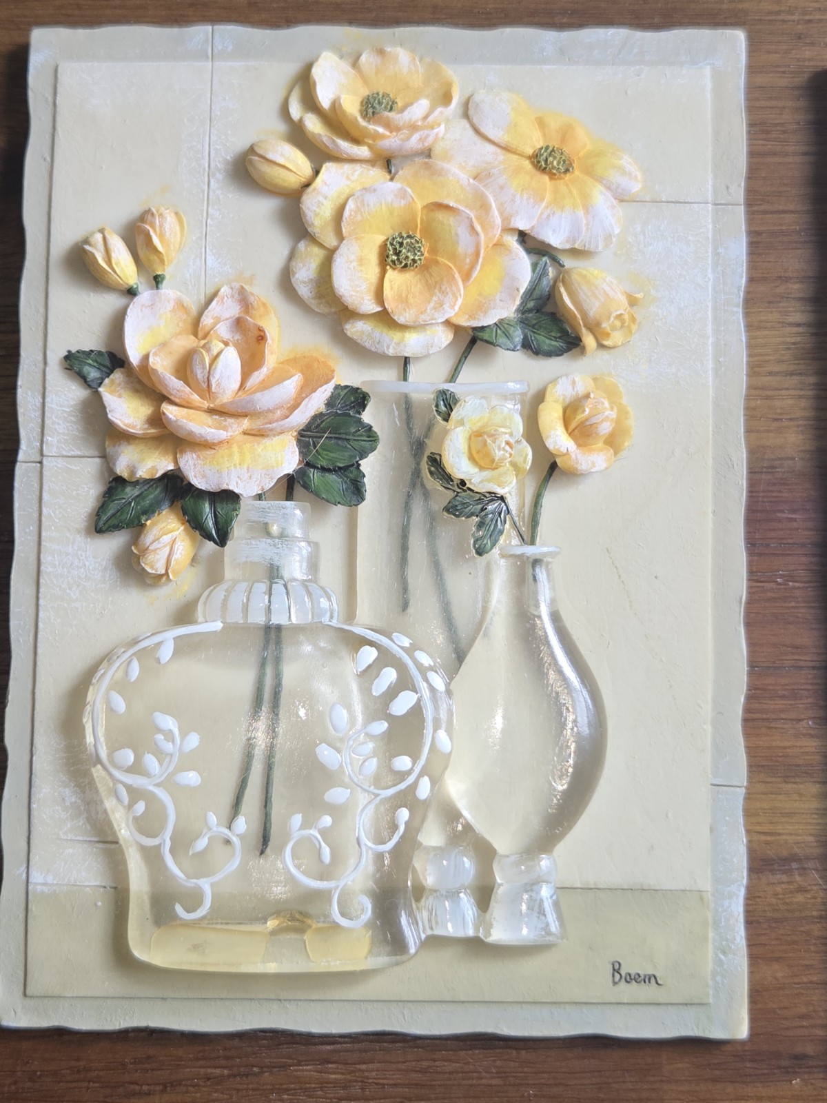Set of 2 Boem Floral Wall Plaques 3D Relief Resin Flowers Vase Cottage Decor#101