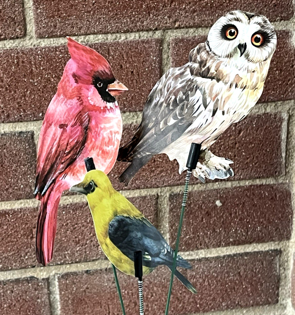 Colorful Bird Picks Lot of 3 Plastic Birds on Wire Stems Owl, Cardinal, Oriole