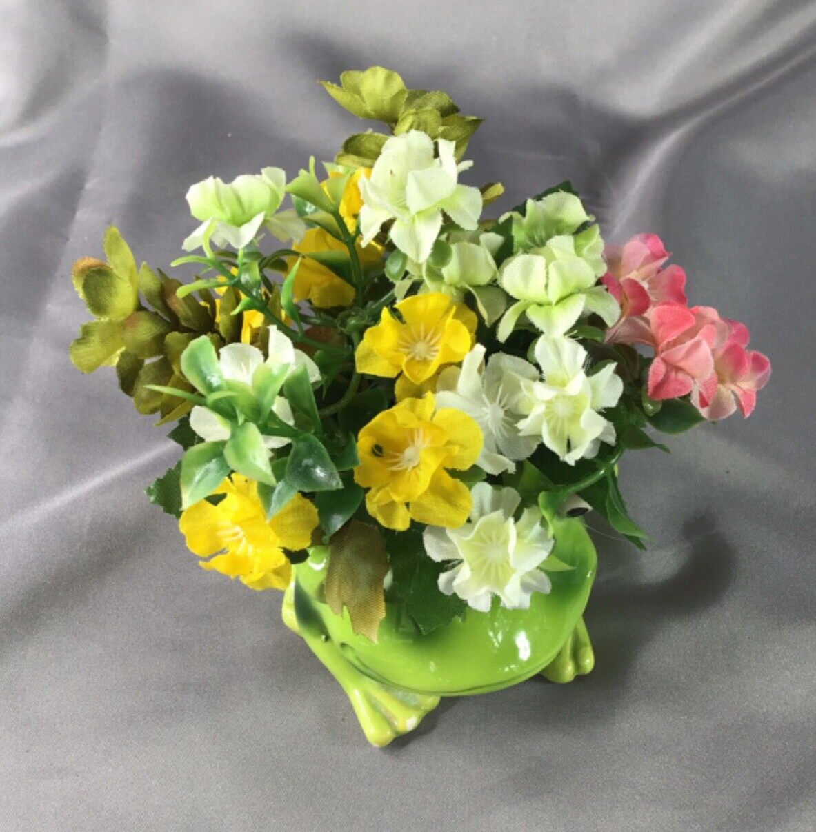 Precious Small Green Ceramic Frog Loaded with Pink Yellow & White Flowers