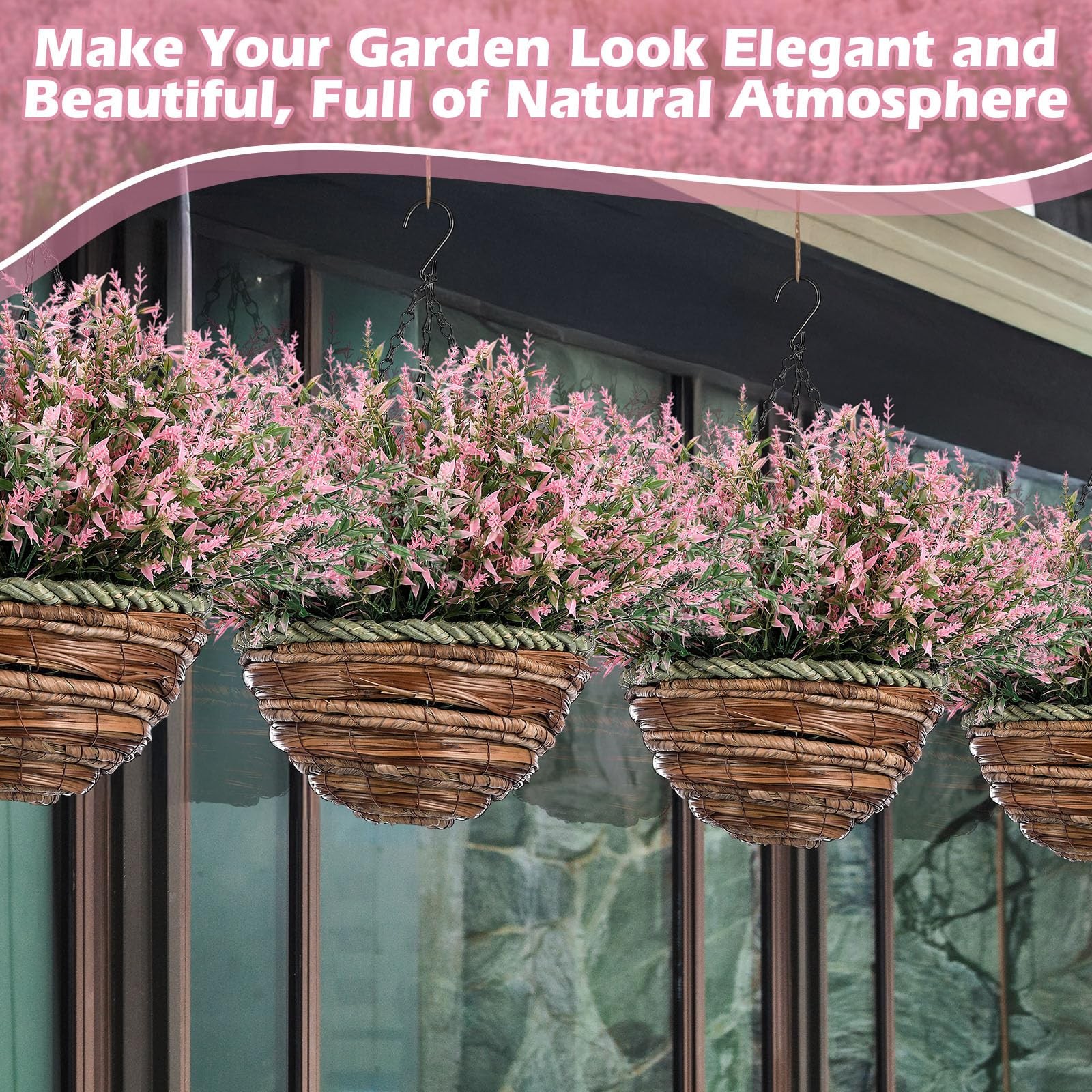 Daifunli 2 Sets Artificial Lavender Hanging Basket for Outdoor Indoor 40 Bunc…