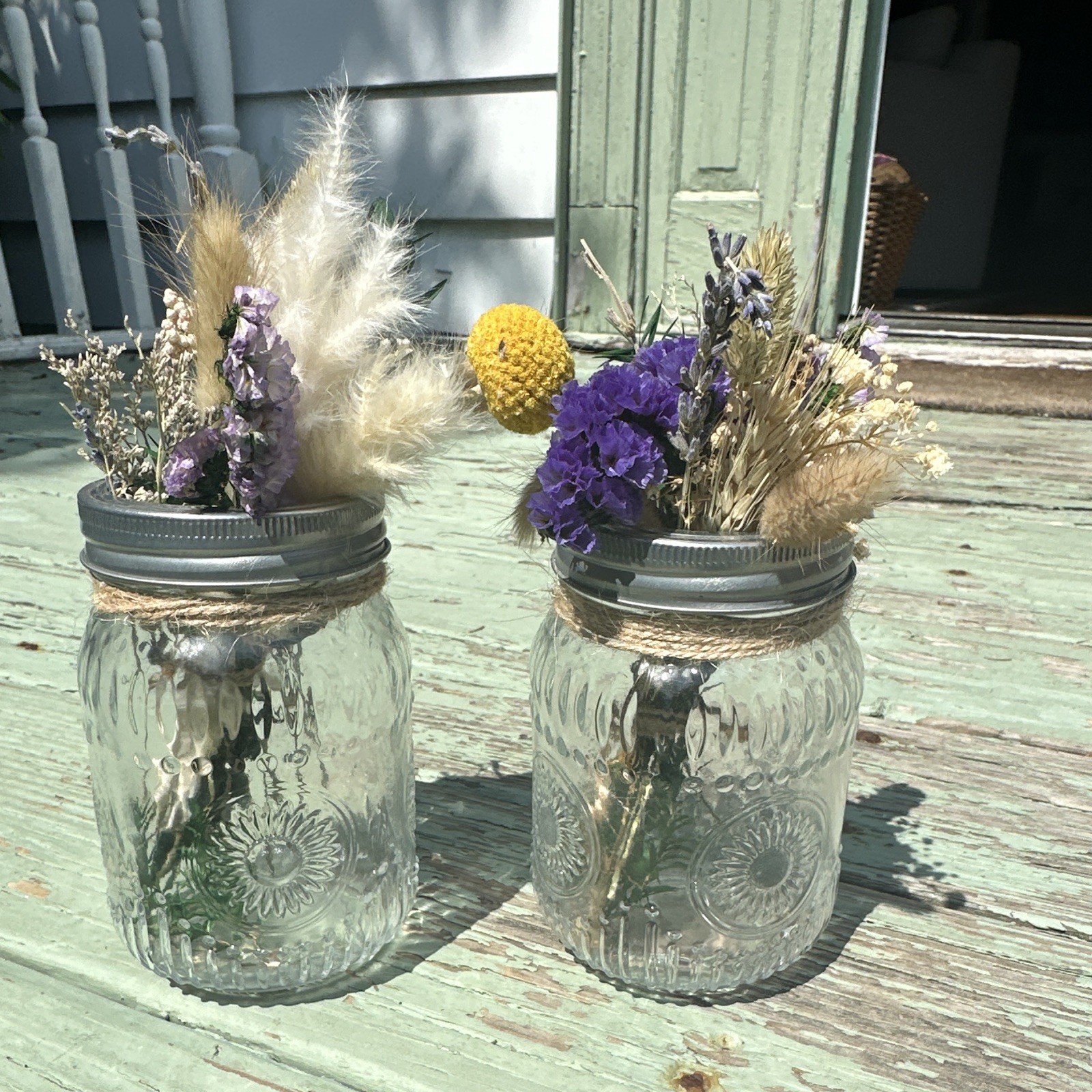 Set of 2 Glass Mason Jars w/ Artificial Dried Flower Arrangements, Multicolor