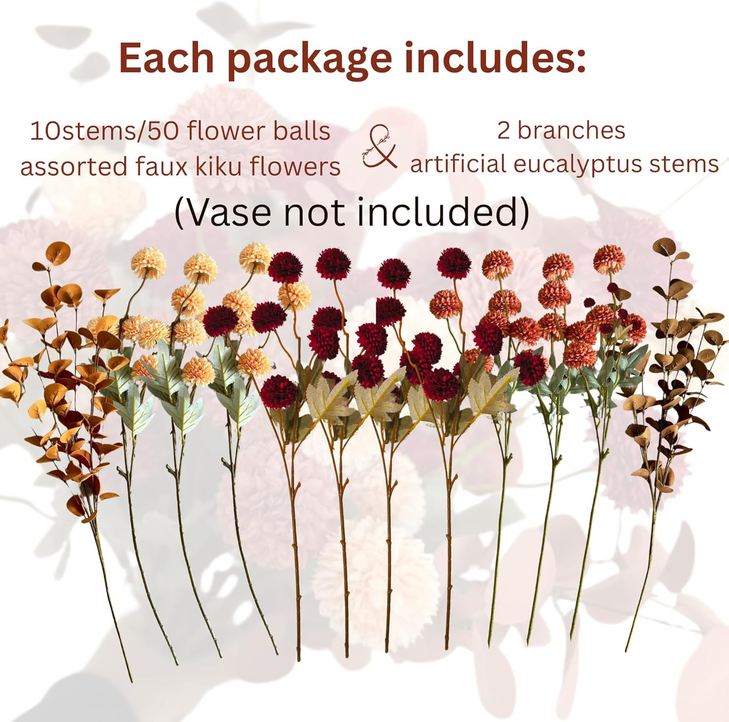 Fall Flowers, Burnt Orange Faux Kiku Flowers Artificial 10 Stems + Eucalyptus, F