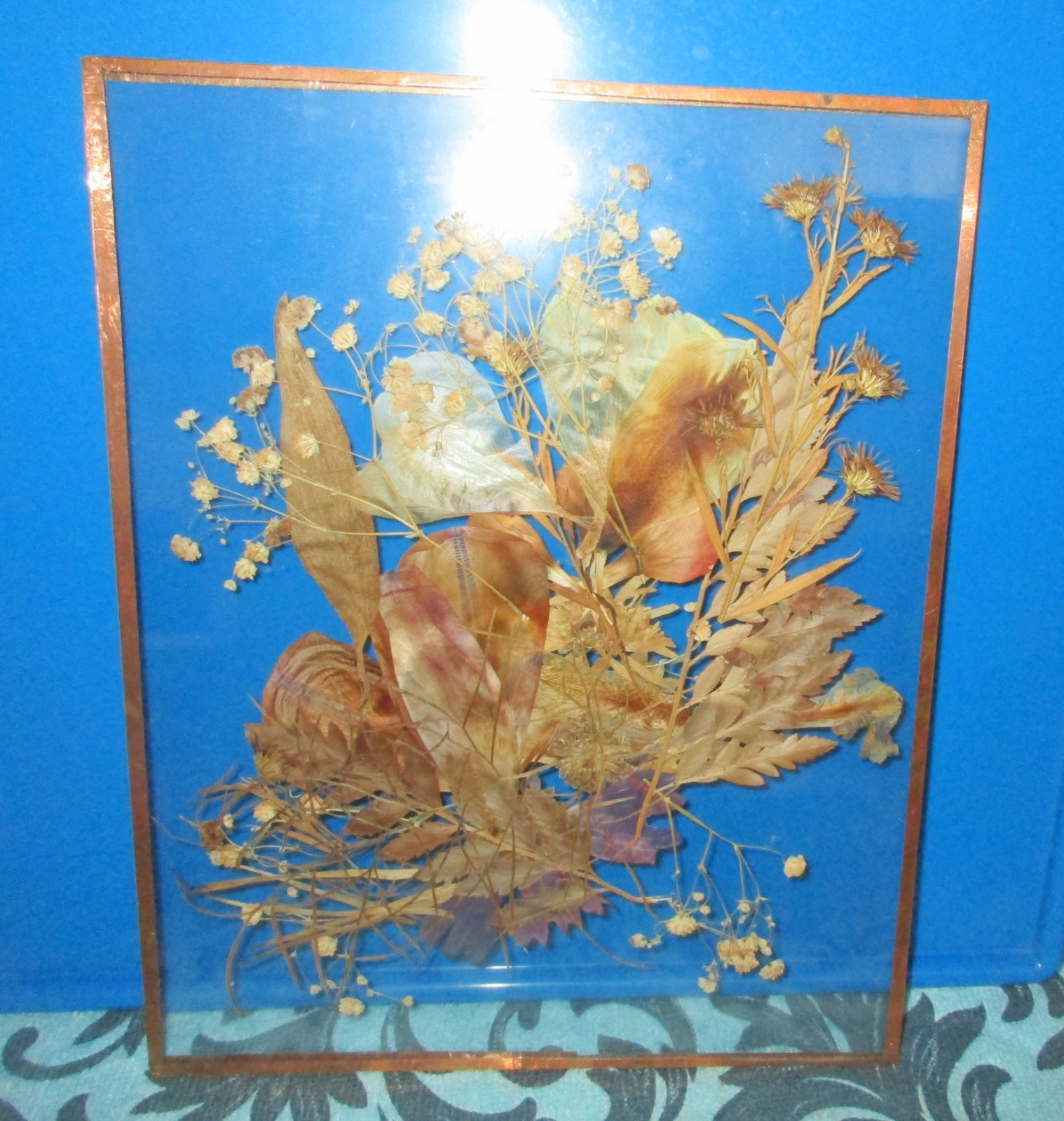 Dried Pressed Wildflowers Arrangement Encased in Glass w/ Thin Copper Boarder