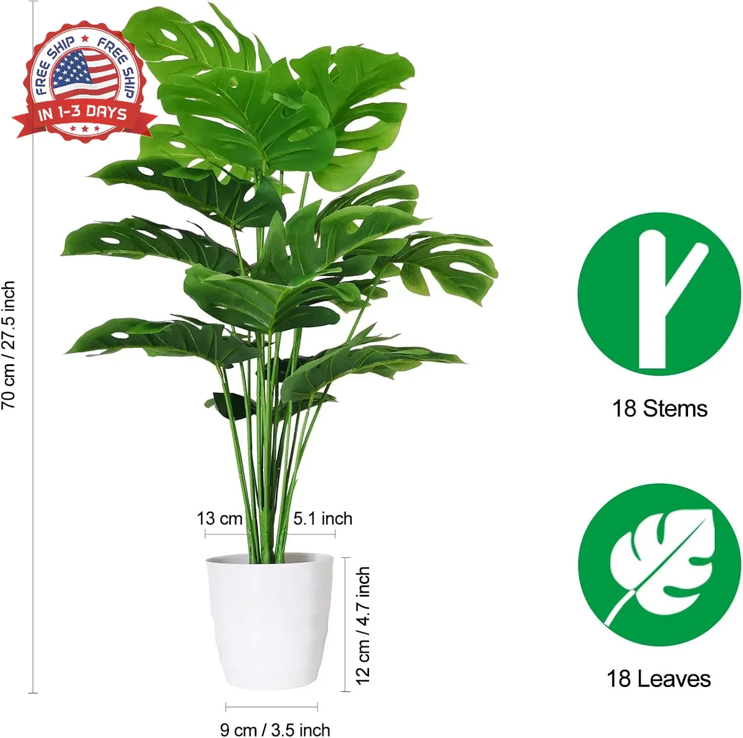 28 Inch Artificial Monstera Plants Set of 2 White Pots Heavy-Duty Fake Tropical