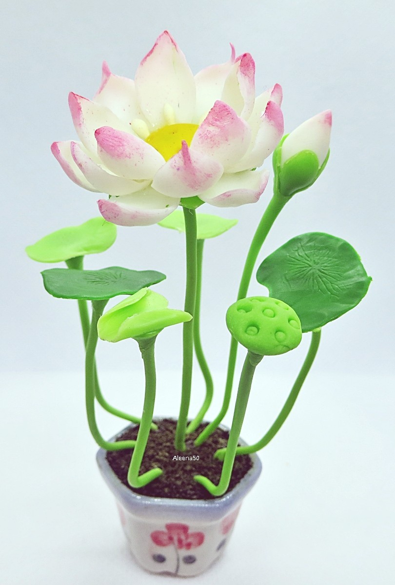 4″H Handcrafted Miniature Clay Lotus Flower Varieties Arranged in Pot | US Stock