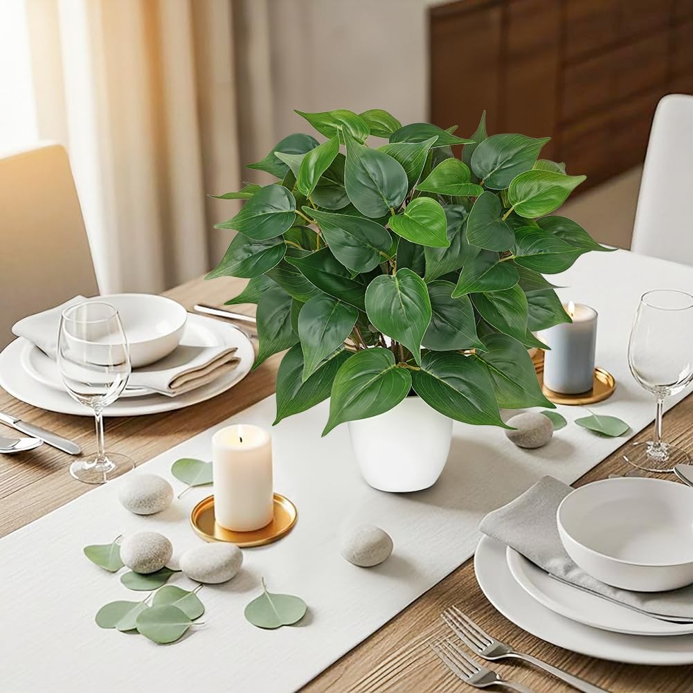 Artificial Pothos Plants White Pot 15.7 Inch Fake Philodendron Indoor Office