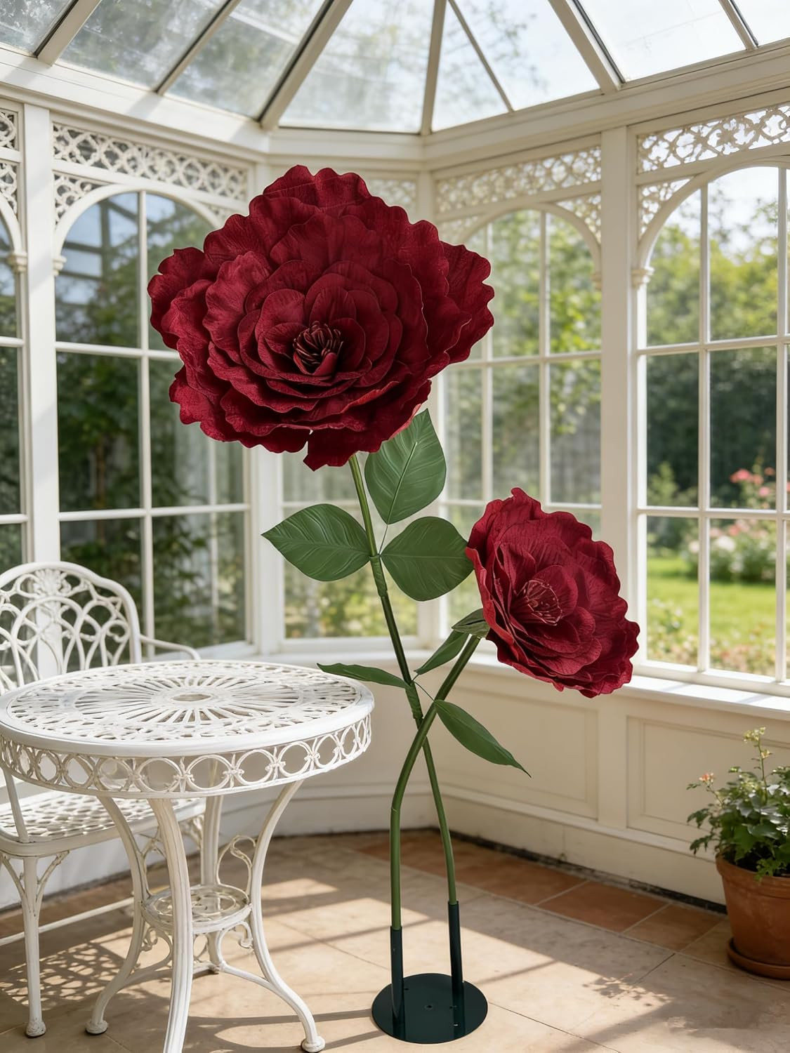 Large Burgundy Velvet Roses with Stand, 5.5FT Tall Giant Artificial Flowers for