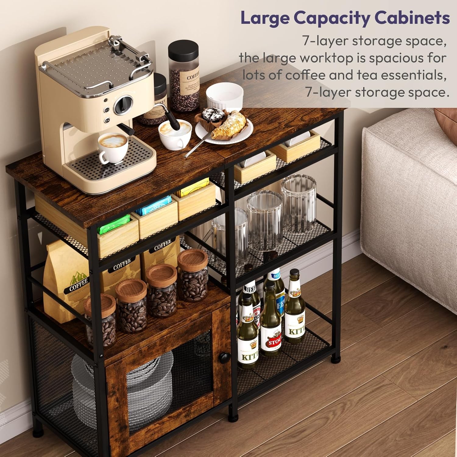 Coffee Bar Cabinet Station with Doors Rustic Kitchen Storage