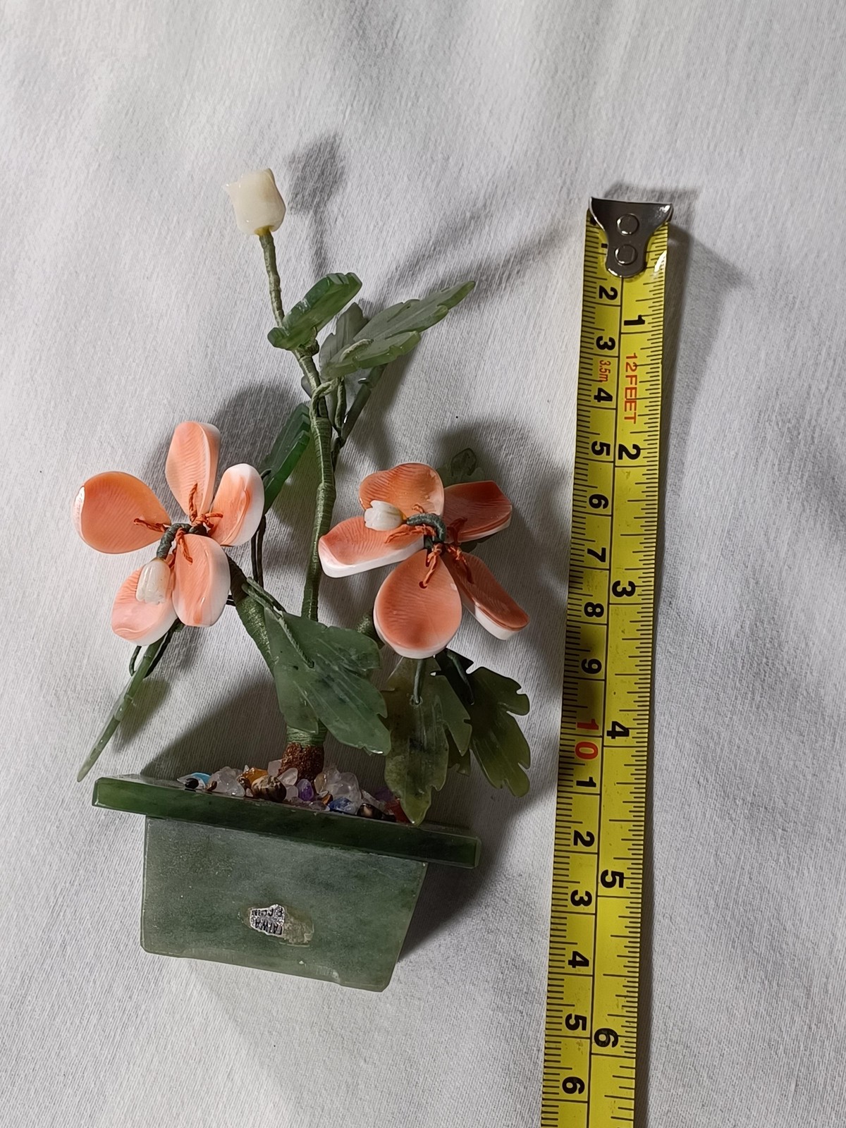Carved Hardstone Jade Flower Bonsai Figurine Green Stone Planter Decor