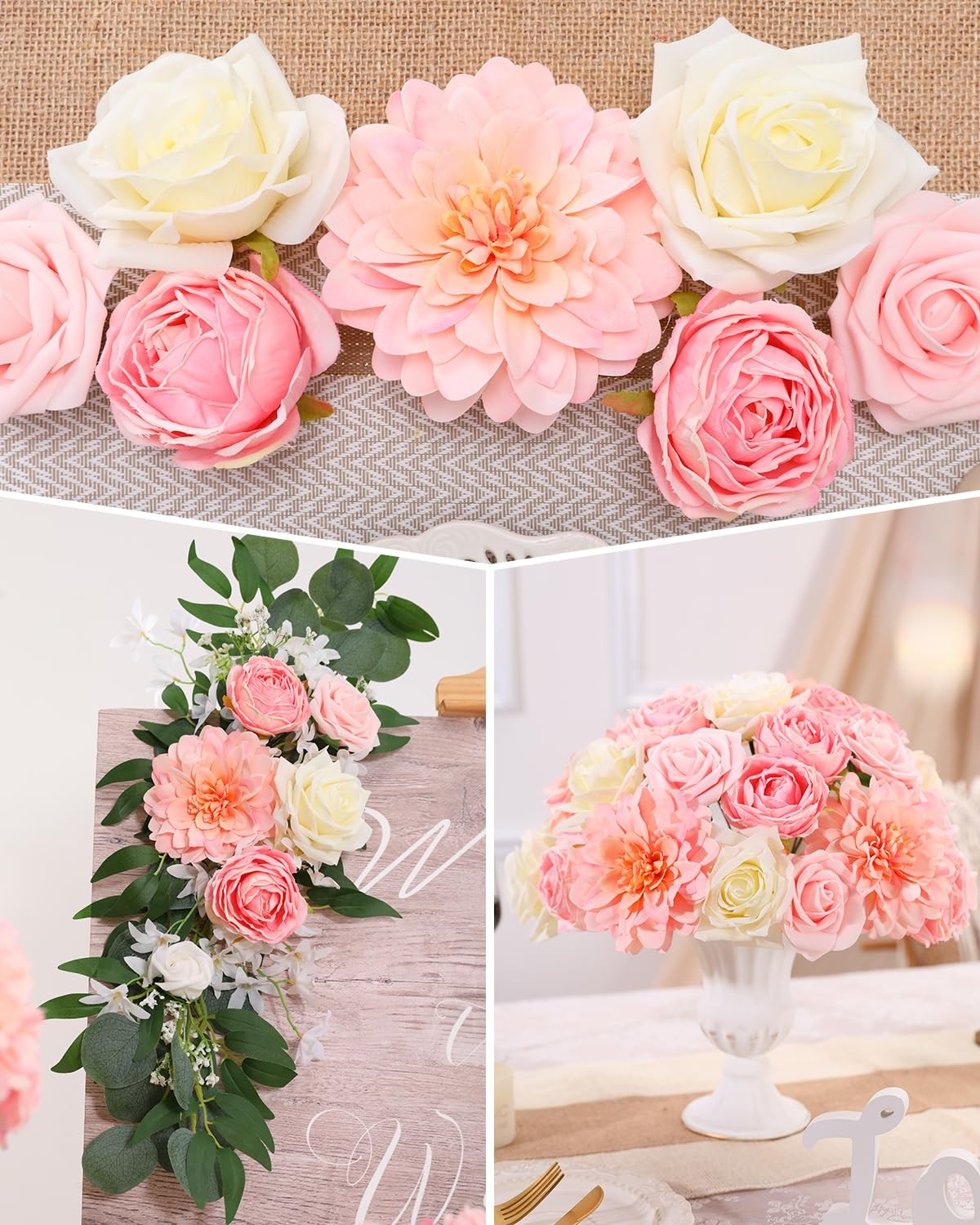Artificial Flowers Combo, Peach Pink Silk Roses, Peonies, Dahlias with Stems …
