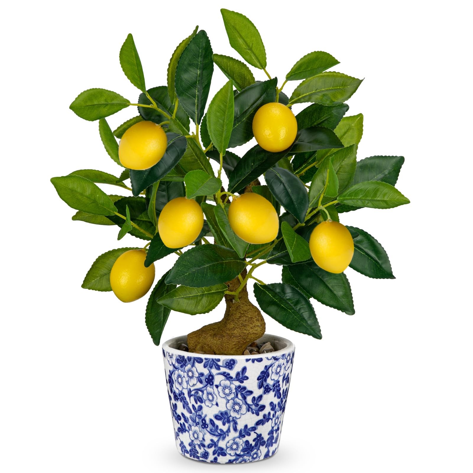 15.7 Inch Small Artificial Lemon Tree Faux Potted Plant Blue White Pot Decor