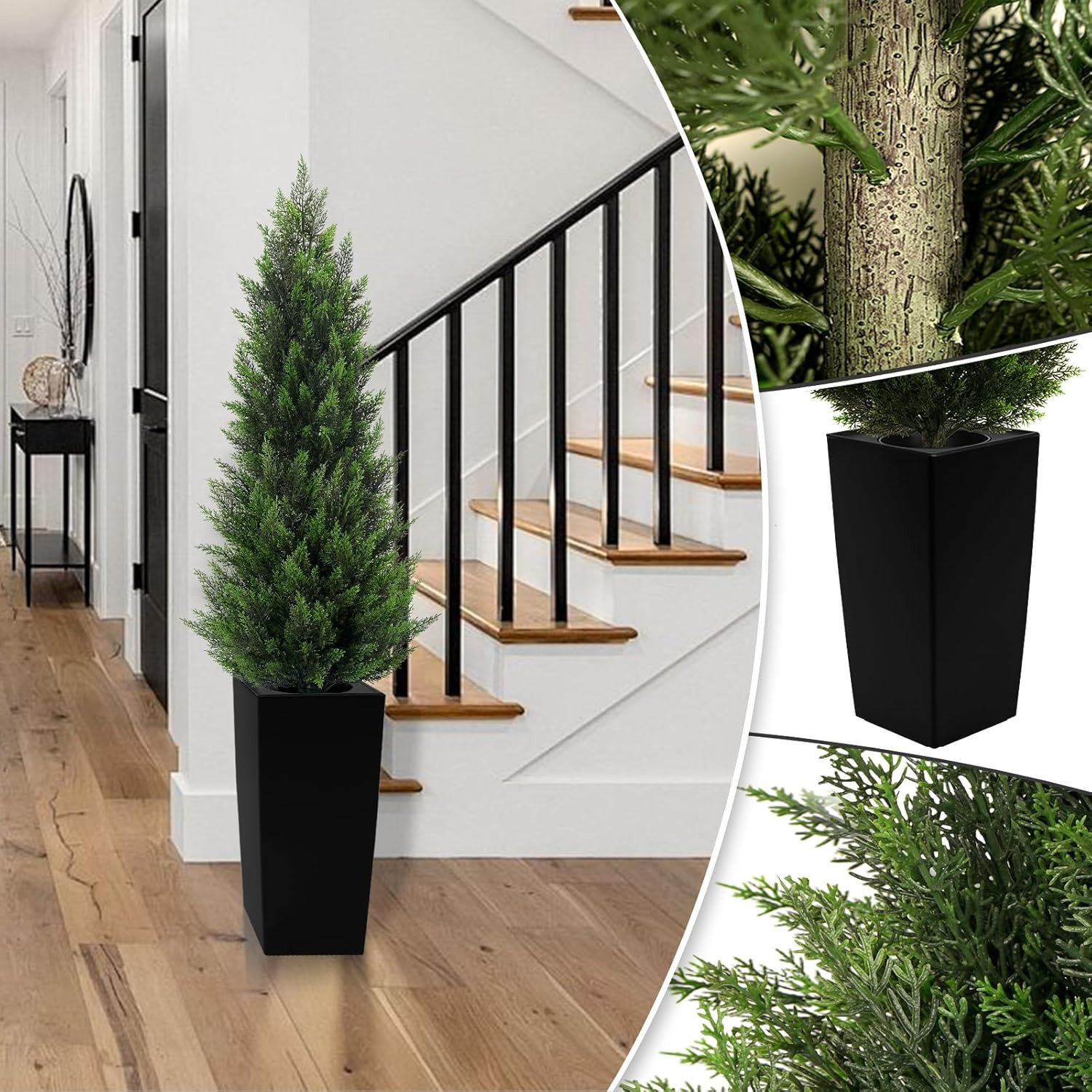 5FT Tall 2 Pack Artificial Cedar Topiary Trees with Compact Pyramidal Shape, Rea