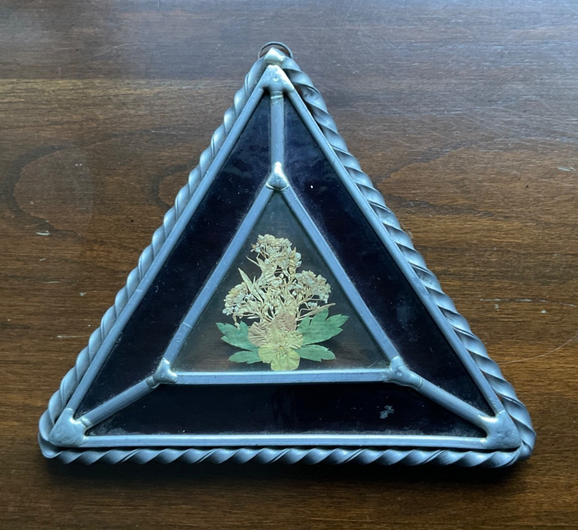 Pressed Flower Art in Floating Beveled Glass-Twisted Pewter Frame-Ornament/Decor