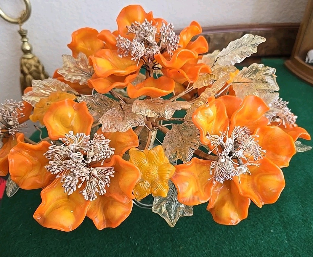 Art Glass Orange Flower Arrangement Peony Bonsai Tree Centerpiece Murano? Italy