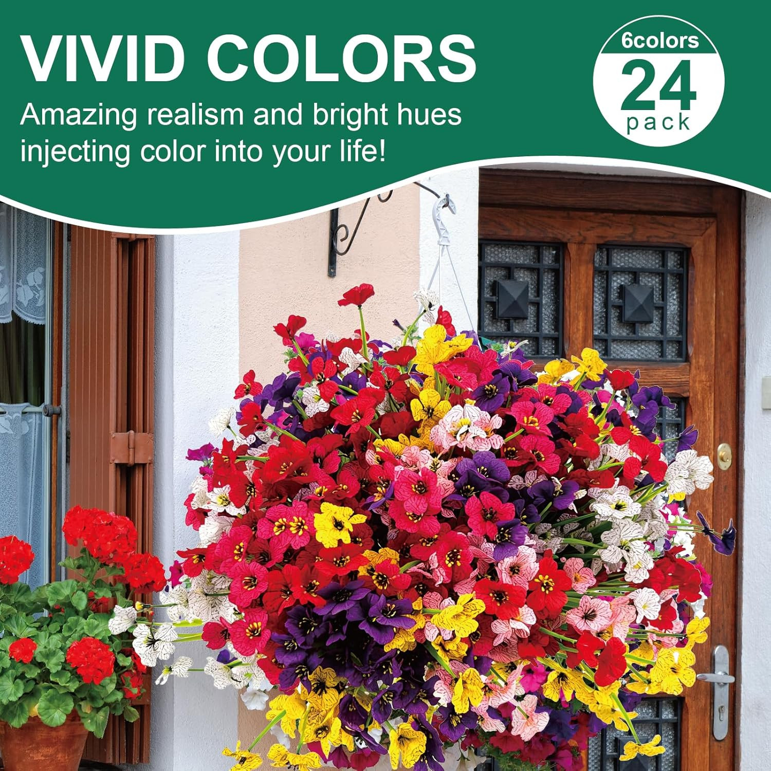 24 Pcs (6 Color) UV Resistant Outdoor Artificial Faux Flowers Plants Realistic P