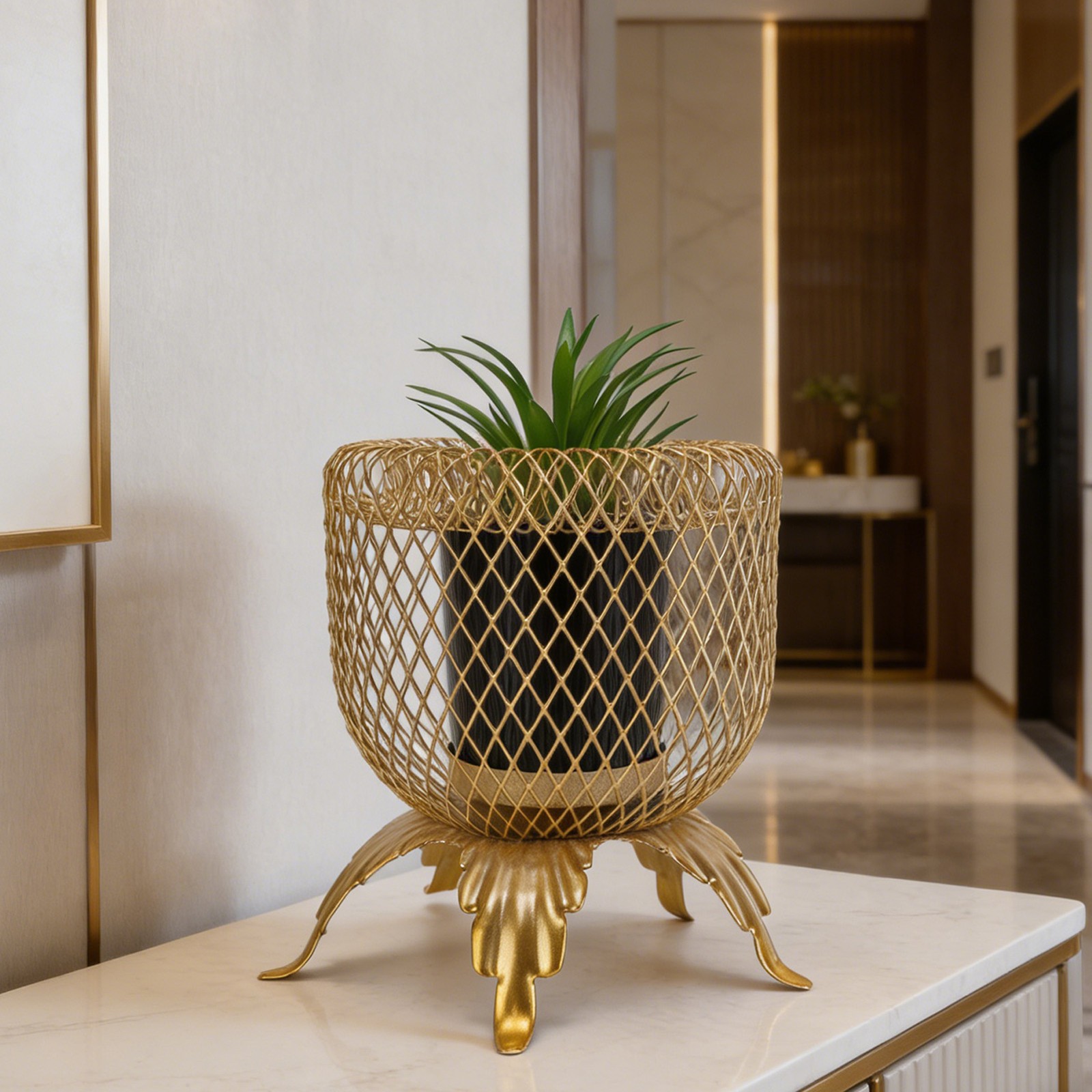 Small Fake Plant With Metal Cage Decorative Potted Artificial Succulent For Home
