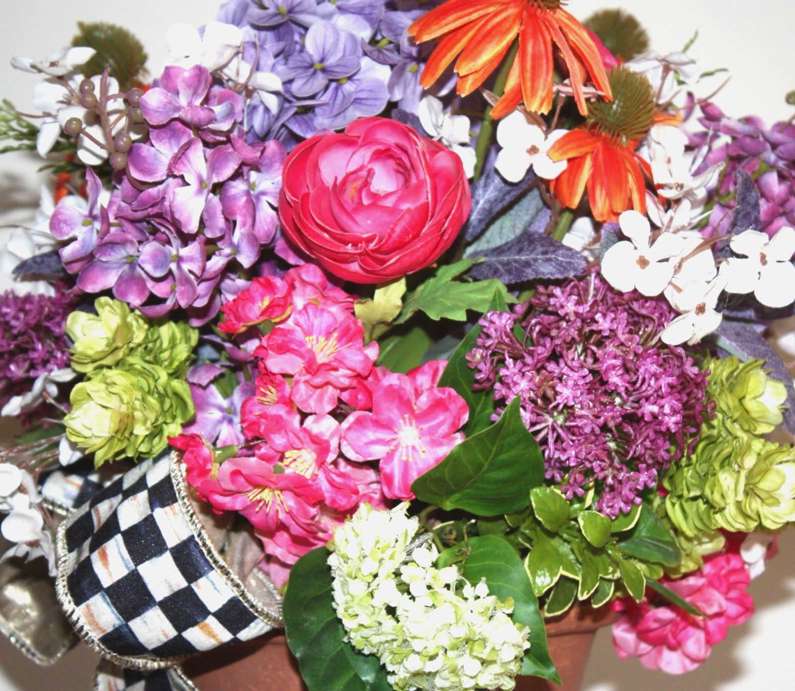 Faux Floral Arrangement Potted in G. Wolff Planter With Mackenzie Childs Bow!