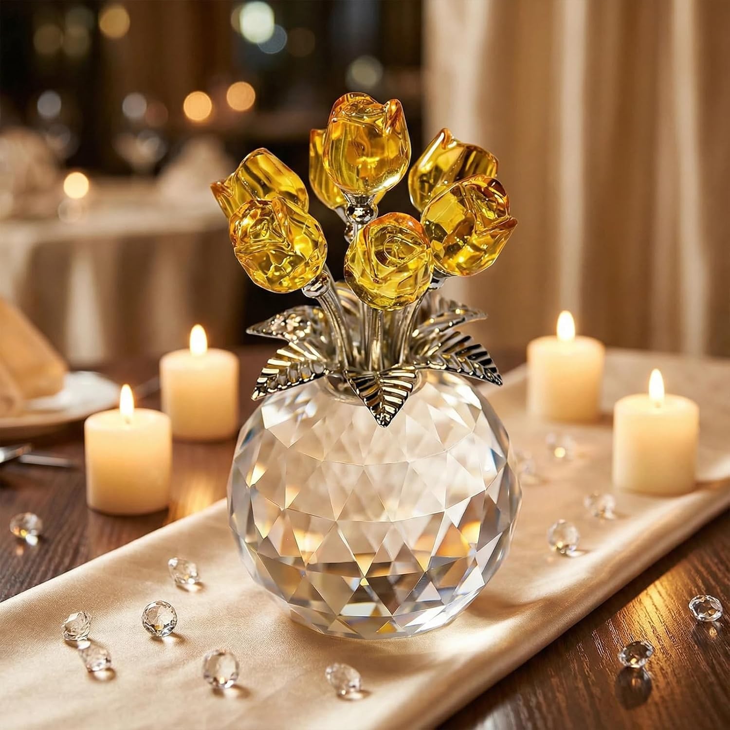 Crystal Rose Flower Bouquet Figurine – Crystal Roses with Clear Faceted Yellow