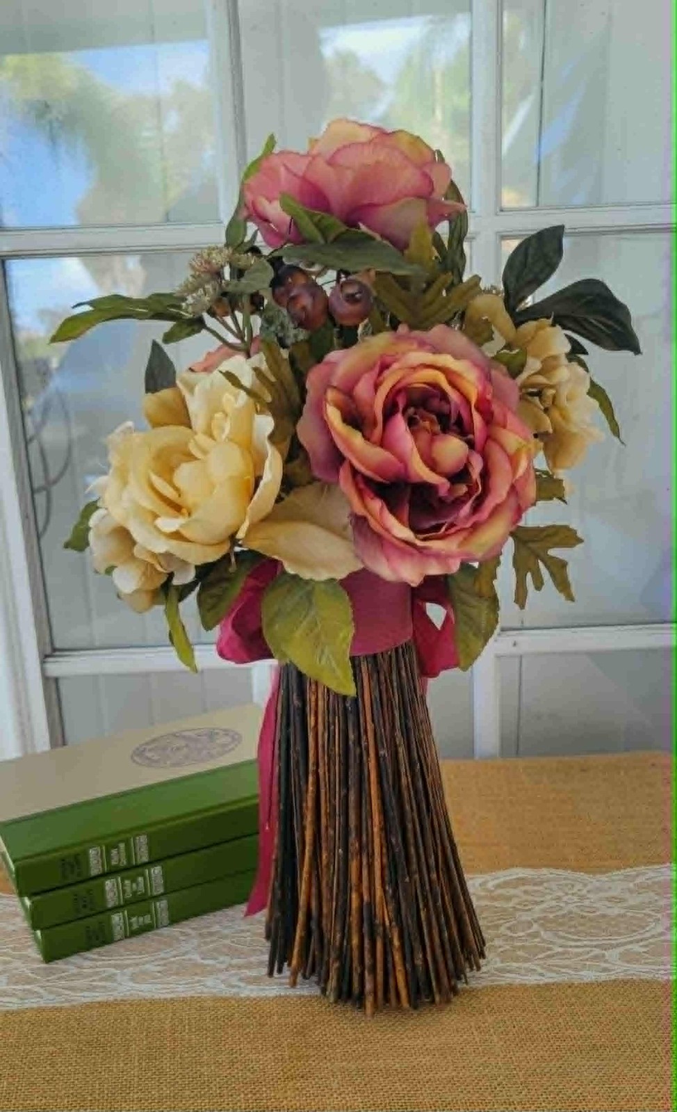 Table Top Floral Arrangement, Free-Standing Topiary Roses Bouquet Home Decor