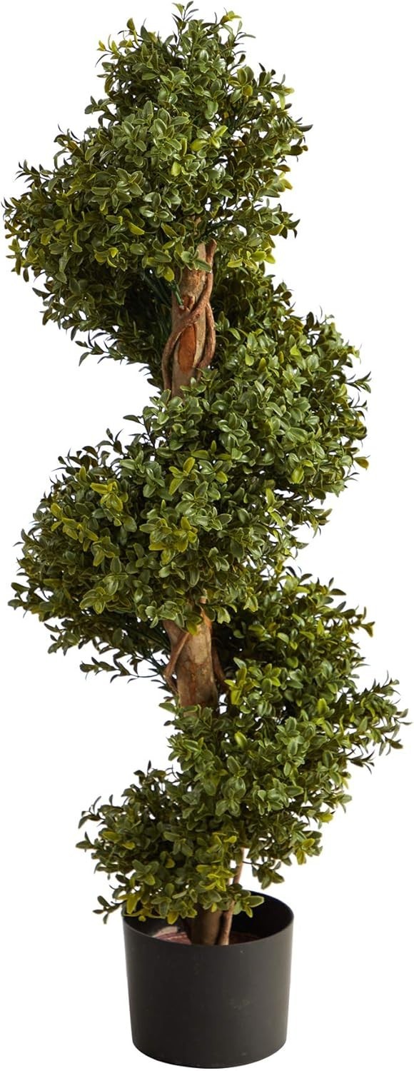 33in. Artificial Boxwood Spiral Topiary, Faux Greenery with Black Planter, In…