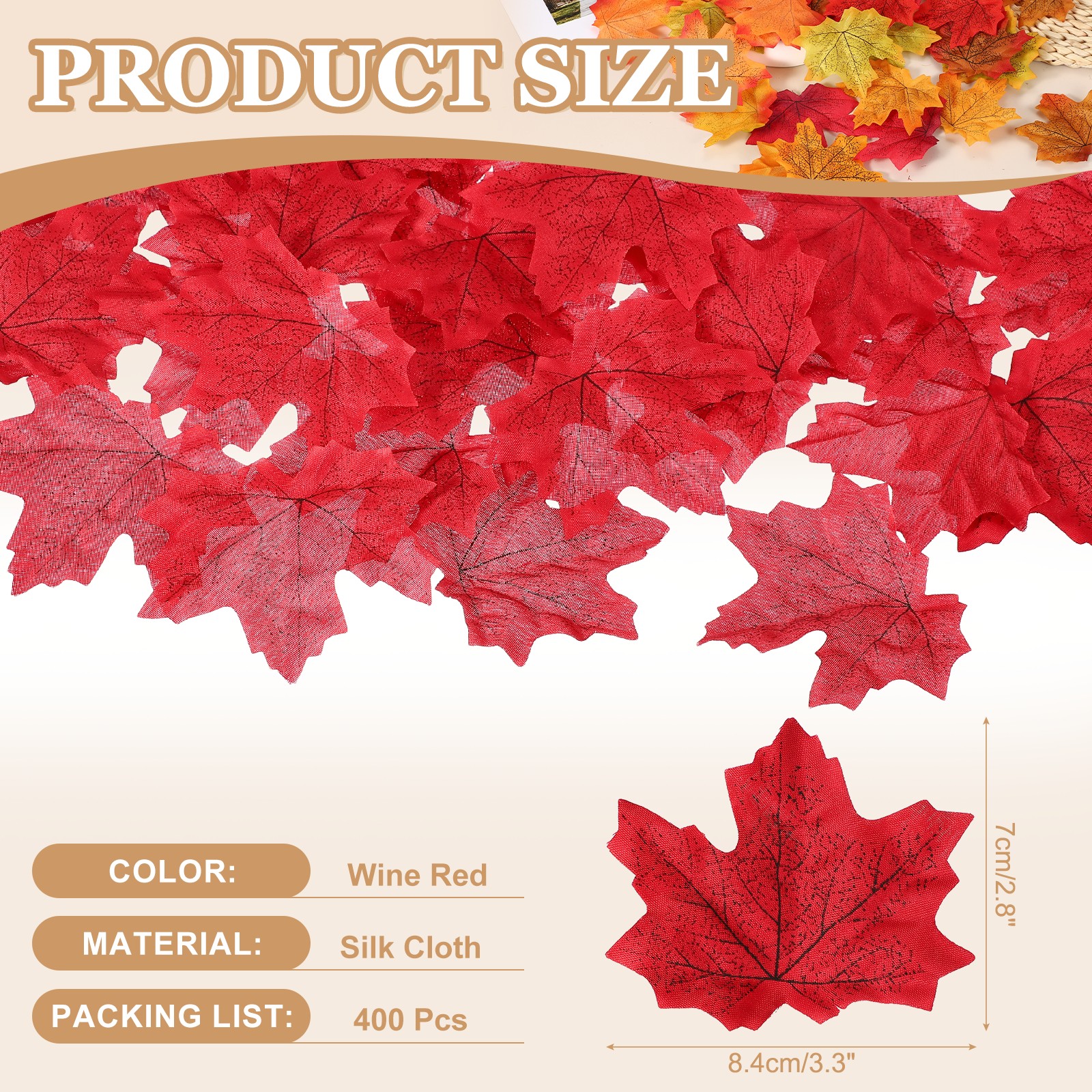 400Pcs Fall Leaves 3.3 Inch Colored Mixed Fake Leaf, Wine Red