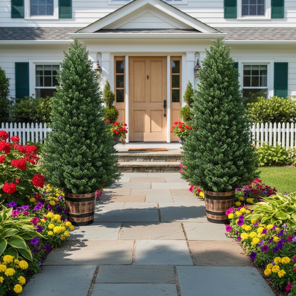 Set of 2 Artificial Cedar Topiary Trees 4FT – Indoor Faux Pine Shrubs with Ba…