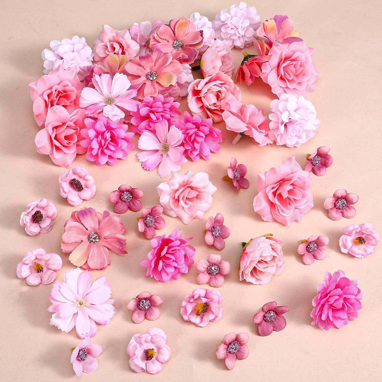 50 Pcs Mini Silk Faux Flower Heads, Small Pink Artificial Flowers, Fake Rose …