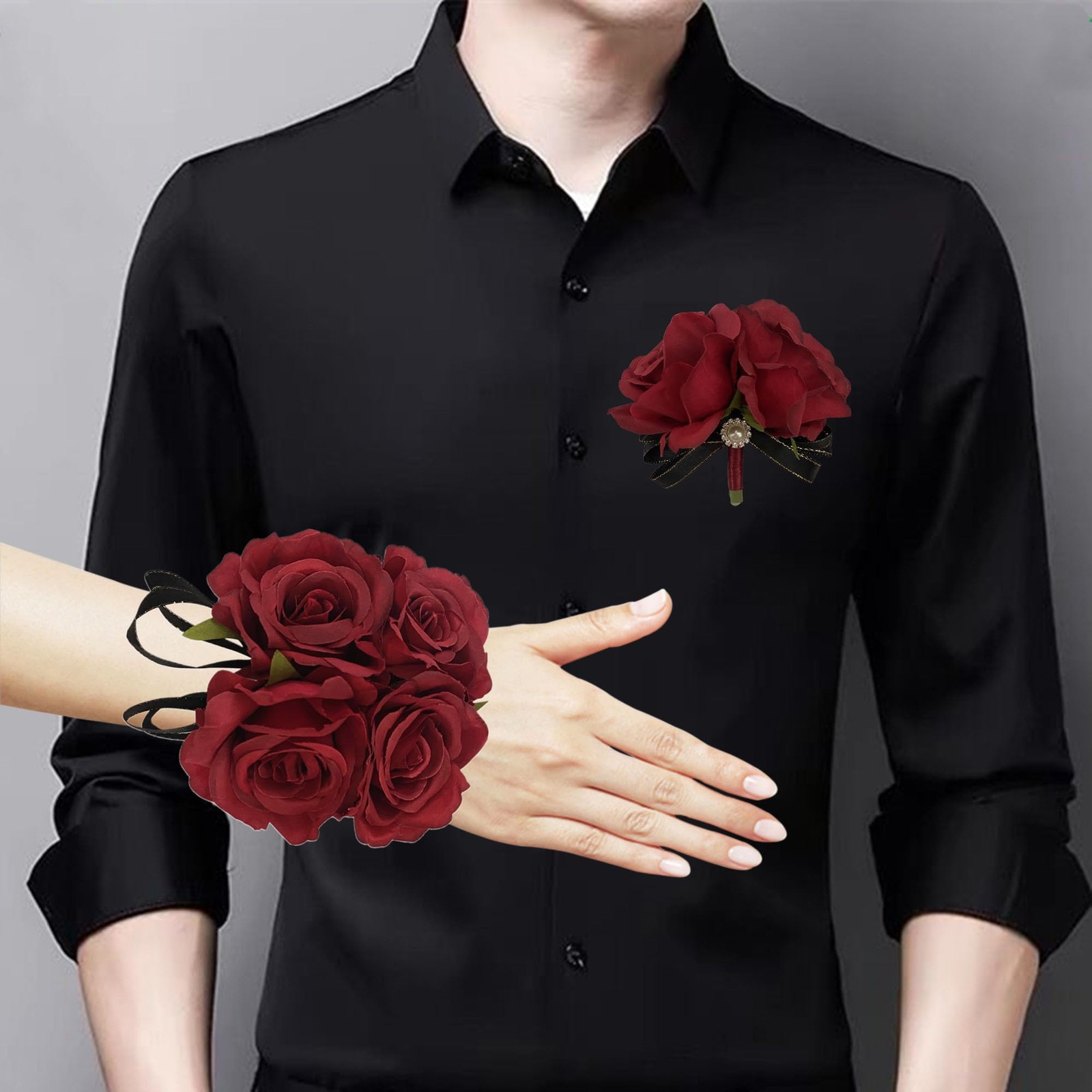 Prom Corsage Boutonniere Set Rose Wristlet Flower Party Ball Dancing Red