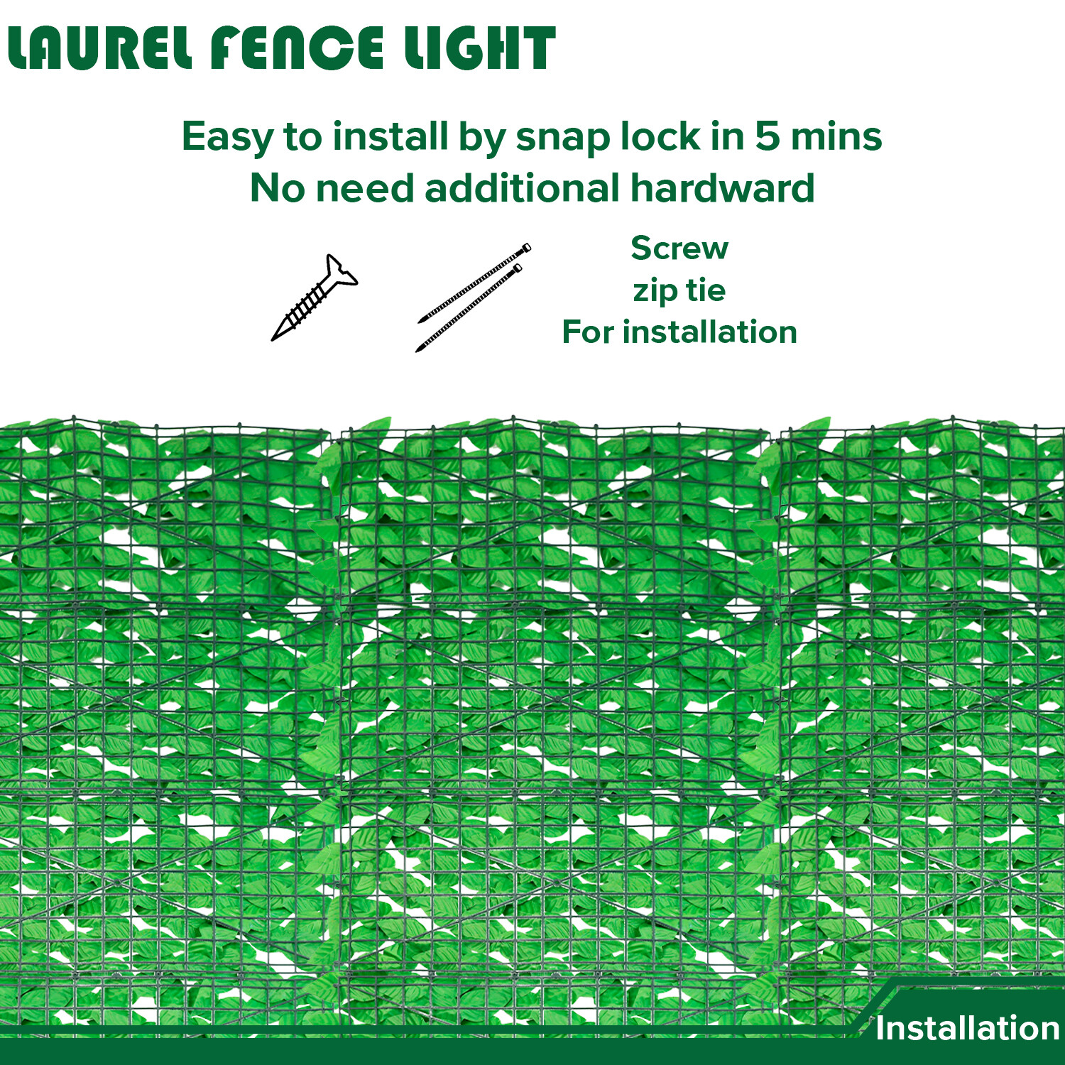 39″x156″ Artificial Faux Light Green Laurel Leaf Privacy Hedge with Mesh Backing