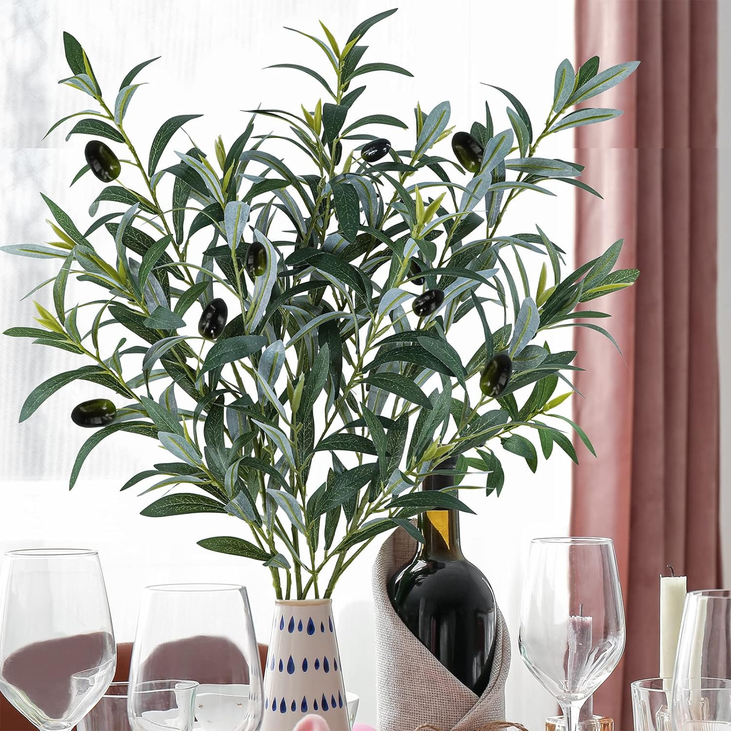 3 Pcs 23.6″ Tall Artificial Olive Branches with 261 Leaves Lifelike Faux Olive P